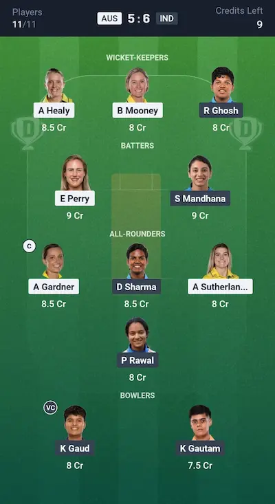 AUS W vs IND W Dream11 Grand League Team 3